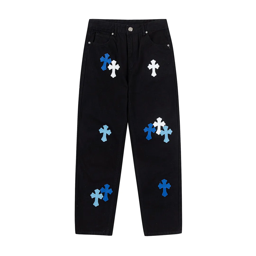 KE951#P230 The only correct leather label version on the market Chrome Hearts CH Cross embroidery distressed jeans Top ceiling quality 100% correct version The correct version is here!  Believe me this must be the best quality you will ever come across! ! Excellent value for money! !  Styles with different washes and textures are very friendly to people with thin legs and thick legs. The straight version is very flattering to the shape of the legs. The moderate length is timeless and easy to match. It is the basis of various styles and a must-have in the wardrobe! ! Add a little stacking to easily control the clean fit trend that has exploded this year. The fabric is stiff but also makes the upper body soft without losing texture. The sides and cuffs of some styles have a bone-wash effect. The vintage flavor pops up all at once. It’s really hard not to love it! ✅Correctly customize the Croxin metal leather label on the back panel. It is not sold directly with the cross on the finished jeans. 1:1 copying strives for excellence and the details are perfectly grasped. ✅The cross leather label is clear and smooth. Exquisite turning top craftsmanship. ✅Buttons, zippers and hardware are all customized versions of the Croxin LOGO. ✅High-cost washing process. Size: 28 30 32 34 36 (5 sizes)